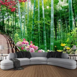 Beautiful Green Wall Tapestry Bamboo Wooden Bridge Plants Natural Scenery Art Decoration Carpet Curtain Hanging Home Bedroom Living Room Decoration