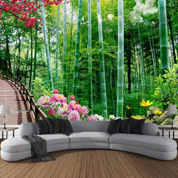 Beautiful Green Wall Tapestry Bamboo Wooden Bridge Plants Natural Scenery Art Decoration Carpet Curtain Hanging Home Bedroom Living Room Decoration