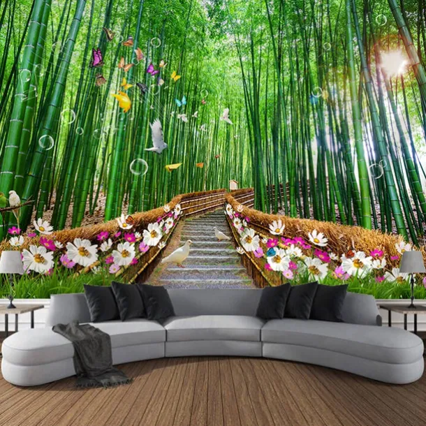 Beautiful Green Wall Tapestry Bamboo Wooden Bridge Plants Natural Scenery Art Decoration Carpet Curtain Hanging Home Bedroom Living Room Decoration