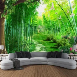 Beautiful Green Wall Tapestry Bamboo Wooden Bridge Plants Natural Scenery Art Decoration Carpet Curtain Hanging Home Bedroom Living Room Decoration