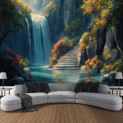 Beautiful Lake Waterfall Plant Landscape Hanging Tapestry Wall Art Large Tapestry Mural Decor Photograph Backdrop Blanket Curtain Home Bedroom Living Room Decoration