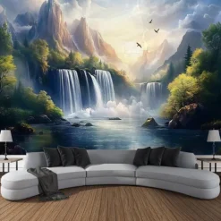 Beautiful Lake Waterfall Plant Landscape Hanging Tapestry Wall Art Large Tapestry Mural Decor Photograph Backdrop Blanket Curtain Home Bedroom Living Room Decoration