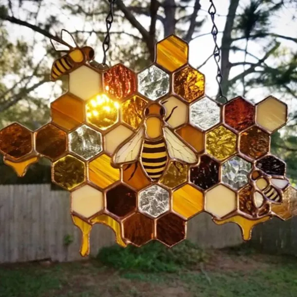 Bee Honeycomb Stained Honeybee Window Hangings Ornament Suncatcher, Beehive Stained Panel Handcrafted Modern Sunflower Stained Window Hangings Colorful Bee Pendant Art Ornaments