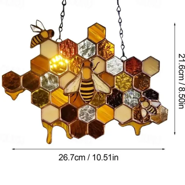 Bee Honeycomb Stained Honeybee Window Hangings Ornament Suncatcher, Beehive Stained Panel Handcrafted Modern Sunflower Stained Window Hangings Colorful Bee Pendant Art Ornaments