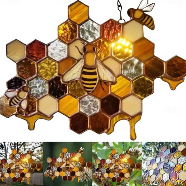 Bee Honeycomb Stained Honeybee Window Hangings Ornament Suncatcher, Beehive Stained Panel Handcrafted Modern Sunflower Stained Window Hangings Colorful Bee Pendant Art Ornaments