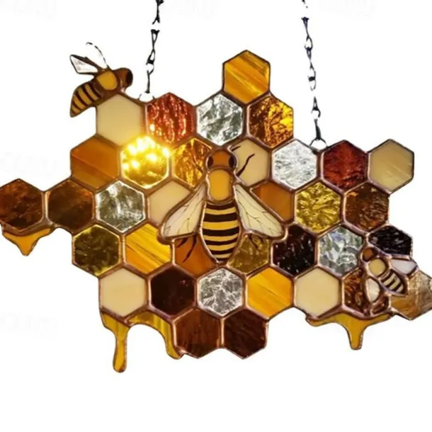 Bee Honeycomb Stained Honeybee Window Hangings Ornament Suncatcher, Beehive Stained Panel Handcrafted Modern Sunflower Stained Window Hangings Colorful Bee Pendant Art Ornaments