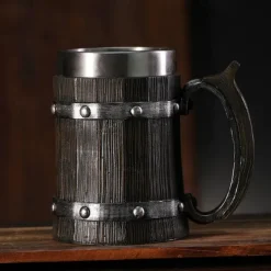 Beer Mugs, Nordic Viking Rune Beer Glasses Large Oak Beer Mug Coffee Mug with Stainless Steel Wood Resin 3D, Mugs for Men, Father's Day Gift