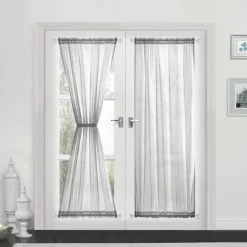 Beige French Door Curtains Faux Linen Sheer Voile Drapes Sunlight Filtering Protect Privacy Sidelight Curtains for Siding Glass Door Including Tieback