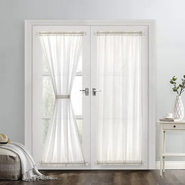 Beige French Door Curtains Faux Linen Sheer Voile Drapes Sunlight Filtering Protect Privacy Sidelight Curtains for Siding Glass Door Including Tieback