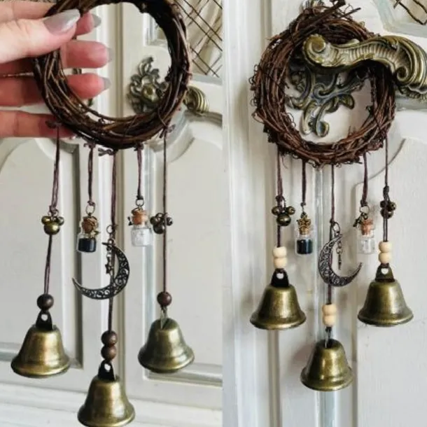 Bells for Door Knob for Protection, Witch Wind Chimes Door Hanger, Handmade Rattan Wind Chimes Witch Decor, Protection Witchcraft Home Decor-1pcs