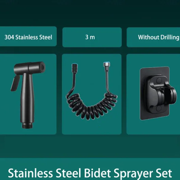 Bidet Sprayer Set No Drilling Bracket for Toilet Stainless Steel Head and Hose 1.5m/3m, Wall Mounted Handlheld Spray, Shattaf Diaper Cleaning for Personal Hygiene