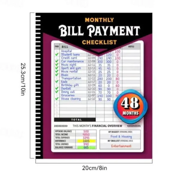 Bill Payment Management Book Monthly Bill Payment Checklist Bill Tracker Notebook, The 48 Month Guide for Families & Money Managers