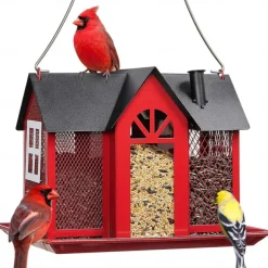 Bird Feeder House for Outside, Metal Mesh Wild Bird Feeder with Triple Feeders for Finch Cardinal Chickadee, Large Capacity, Weatherproof and Durable