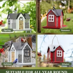 Bird Feeder House for Outside, Metal Mesh Wild Bird Feeder with Triple Feeders for Finch Cardinal Chickadee, Large Capacity, Weatherproof and Durable