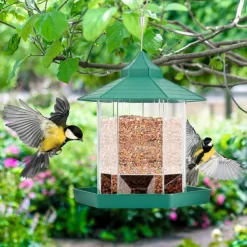 Bird Feeder, Plastic Hanging Wild Bird Feeder for Outdoor Garden Yard Patio Backyard Decoration, Hexagon Shaped with Roof