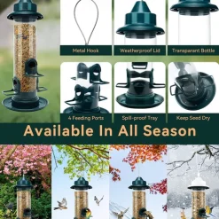 Bird Feeders for Outdoors Hanging Squirrel Proof Bird Feeders for Outdoors Large Tube Bird Feeder with 4 Feeding Ports Bird Seed Feeder with Hook and Food Tray Attract Multiple Birds