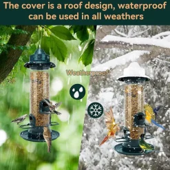 Bird Feeders for Outdoors Hanging Squirrel Proof Bird Feeders for Outdoors Large Tube Bird Feeder with 4 Feeding Ports Bird Seed Feeder with Hook and Food Tray Attract Multiple Birds