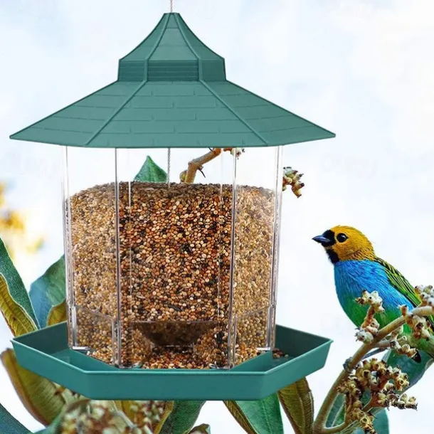 Bird Feeders Hanging Squirrel Proof Bird Feeder Plastic Bird Seed Feeder With Hexagonal Roof See Through Bird Feeder On Window Bird Feeders For Small Birds Goldfinch Feeder