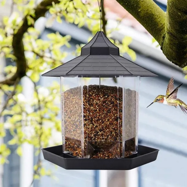 Bird Feeders Hanging Squirrel Proof Bird Feeder Plastic Bird Seed Feeder With Hexagonal Roof See Through Bird Feeder On Window Bird Feeders For Small Birds Goldfinch Feeder