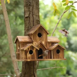 Bird House for Outside, 6 Holes Handmade Wooden Bird House, Retro Villa Style Large Bird House for Outside Birds, Backyard Patio Decorations