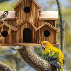 Bird House for Outside, 6 Holes Handmade Wooden Bird House, Retro Villa Style Large Bird House for Outside Birds, Backyard Patio Decorations