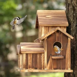 Bird House for Outside, 6 Holes Handmade Wooden Bird House, Retro Villa Style Large Bird House for Outside Birds, Backyard Patio Decorations