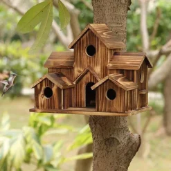 Bird House for Outside, 6 Holes Handmade Wooden Bird House, Retro Villa Style Large Bird House for Outside Birds, Backyard Patio Decorations