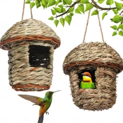 Bird House for Outside Hanging,Grass Handwoven Bird Nest,Hummingbird House,Natural Bird Hut Outdoor,Birdhouse for Kids,Songbirds House