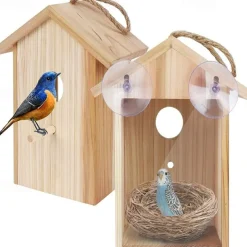 Bird House with Strong Suction Cups and lanyards for Outdoor use - See-Through Environmentally Friendly Wooden Bird nestBird Nest Transparent Design for Easy Observation