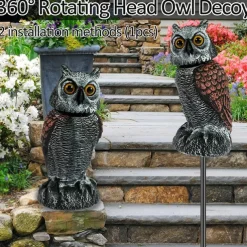 Bird Scarecrow Fake Owl Decoy Sculpture Rotating Head Plastic Owl Bird Deterrents Nature Enemy Horned Pest Repellent for Outdoor Garden Yard