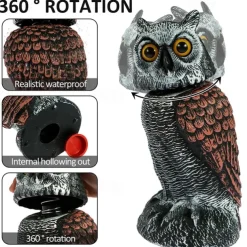 Bird Scarecrow Fake Owl Decoy Sculpture Rotating Head Plastic Owl Bird Deterrents Nature Enemy Horned Pest Repellent for Outdoor Garden Yard