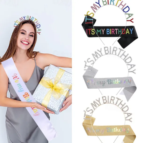Birthday Party Colorful Decorations 2-Piece Set for Girls and Women Headband and Sash Available in Different Style