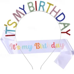 Birthday Party Colorful Decorations 2-Piece Set for Girls and Women Headband and Sash Available in Different Style