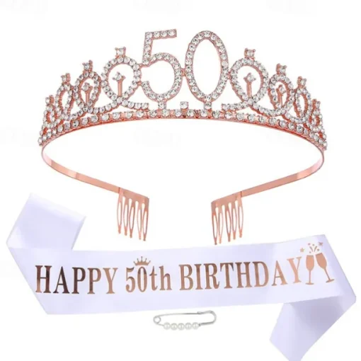 Birthday Party Decoration 3-Pc Set Crown, White Sash & Pearl Pin for Girls and Women Ages 10 to 70 Happy Birthday