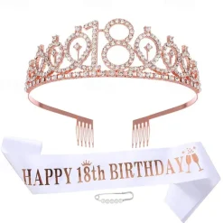 Birthday Party Decoration 3-Pc Set Crown, White Sash & Pearl Pin for Girls and Women Ages 10 to 70 Happy Birthday
