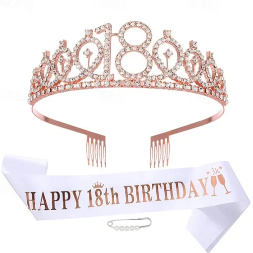 Birthday Party Decoration 3-Pc Set Crown, White Sash & Pearl Pin for Girls and Women Ages 10 to 70 Happy Birthday