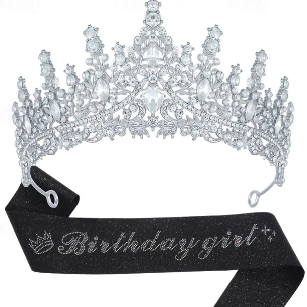 Birthday Party Elegant Birthday Girl 2-Piece Set Rhinestone-Embedded Crown and Sash for Ball and Party