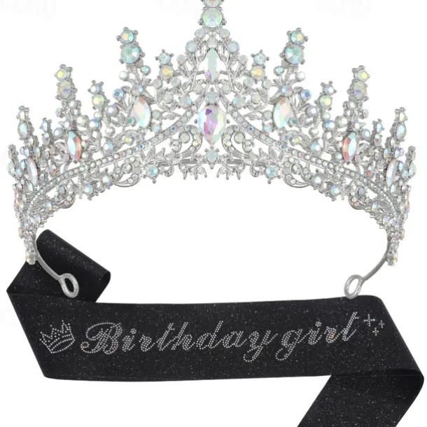 Birthday Party Elegant Birthday Girl 2-Piece Set Rhinestone-Embedded Crown and Sash for Ball and Party