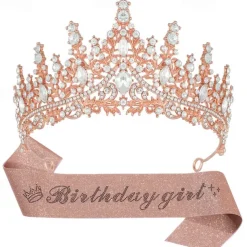 Birthday Party Elegant Birthday Girl 2-Piece Set Rhinestone-Embedded Crown and Sash for Ball and Party