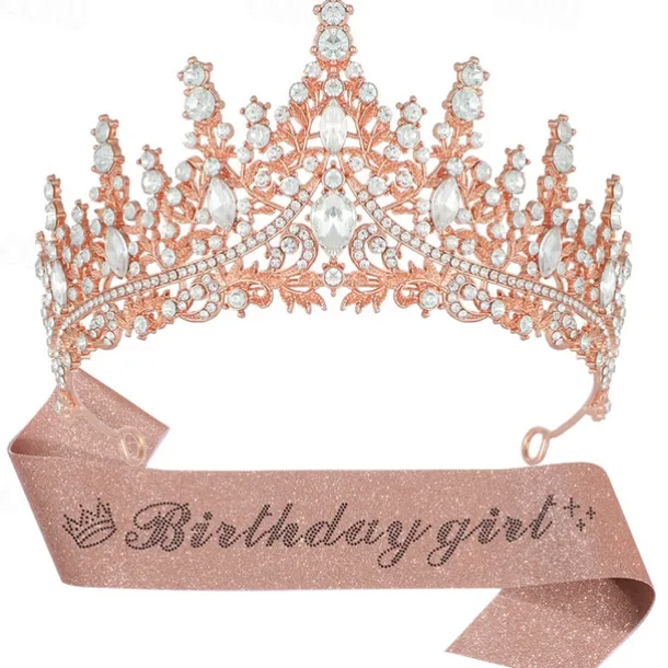 Birthday Party Elegant Birthday Girl 2-Piece Set Rhinestone-Embedded Crown and Sash for Ball and Party