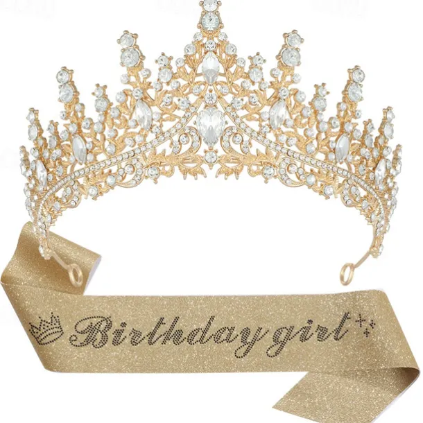 Birthday Party Elegant Birthday Girl 2-Piece Set Rhinestone-Embedded Crown and Sash for Ball and Party