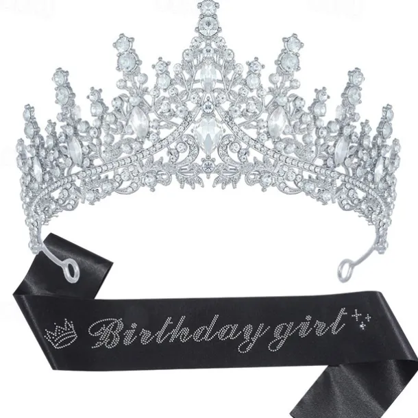 Birthday Party Elegant Birthday Girl 2-Piece Set Rhinestone-Embedded Crown and Sash for Ball and Party