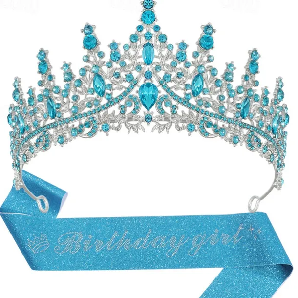 Birthday Party Elegant Birthday Girl 2-Piece Set Rhinestone-Embedded Crown and Sash for Ball and Party