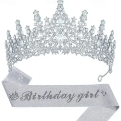 Birthday Party Elegant Birthday Girl 2-Piece Set Rhinestone-Embedded Crown and Sash for Ball and Party
