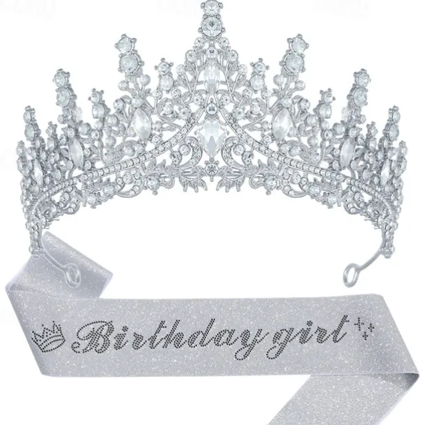 Birthday Party Elegant Birthday Girl 2-Piece Set Rhinestone-Embedded Crown and Sash for Ball and Party