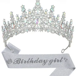 Birthday Party Elegant Birthday Girl 2-Piece Set Rhinestone-Embedded Crown and Sash for Ball and Party