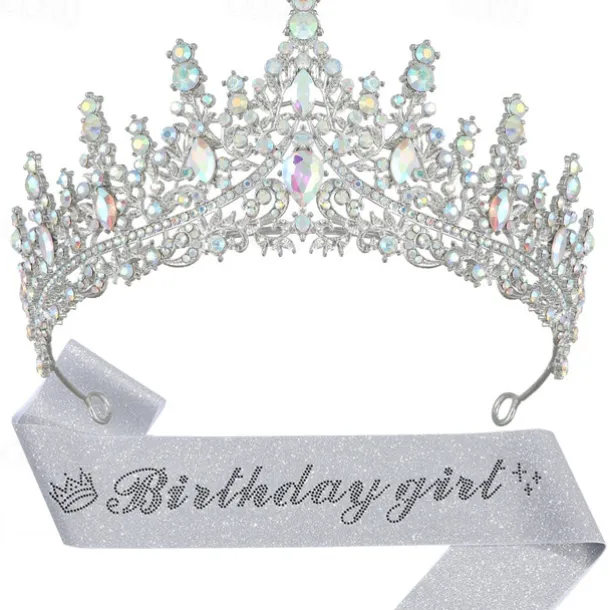 Birthday Party Elegant Birthday Girl 2-Piece Set Rhinestone-Embedded Crown and Sash for Ball and Party