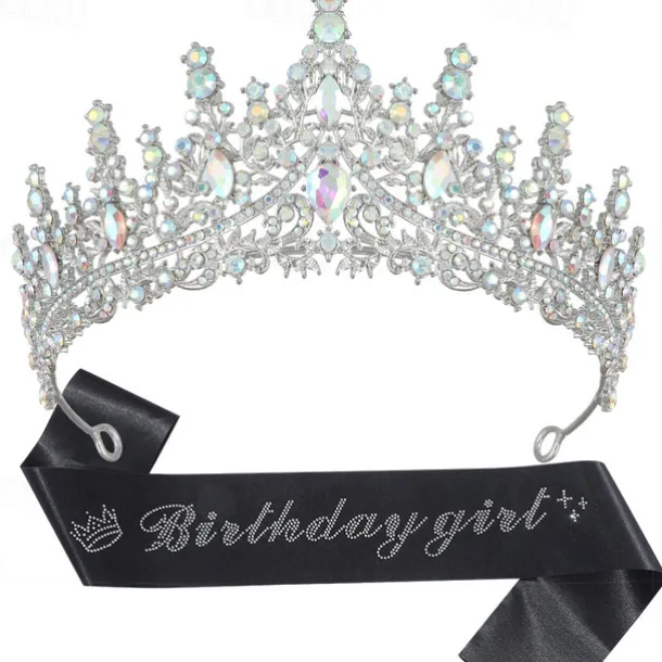 Birthday Party Elegant Birthday Girl 2-Piece Set Rhinestone-Embedded Crown and Sash for Ball and Party