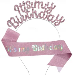 Birthday Party Fashionable Birthday Decorations 2-Piece Set for Girls and Women Headband and Sash with 'It's My Birthday' Available in Multiple Color Combo