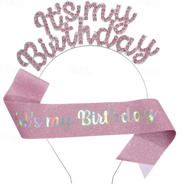 Birthday Party Fashionable Birthday Decorations 2-Piece Set for Girls and Women Headband and Sash with 'It's My Birthday' Available in Multiple Color Combo